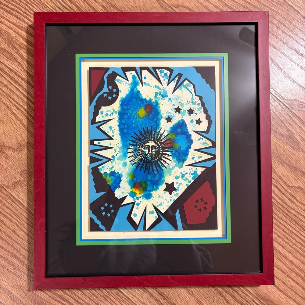 Framed Celestial Sun Whimsigoth Art Print Mixed Media One of a Kind 16” x 18”